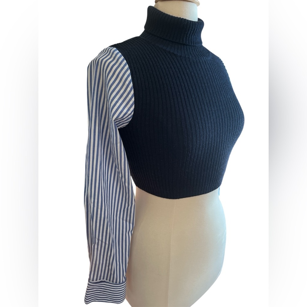 STAUD Louisa Blue Wool Crop Sweater w/Cotton Blue & White Stripe Sleeve Size XS